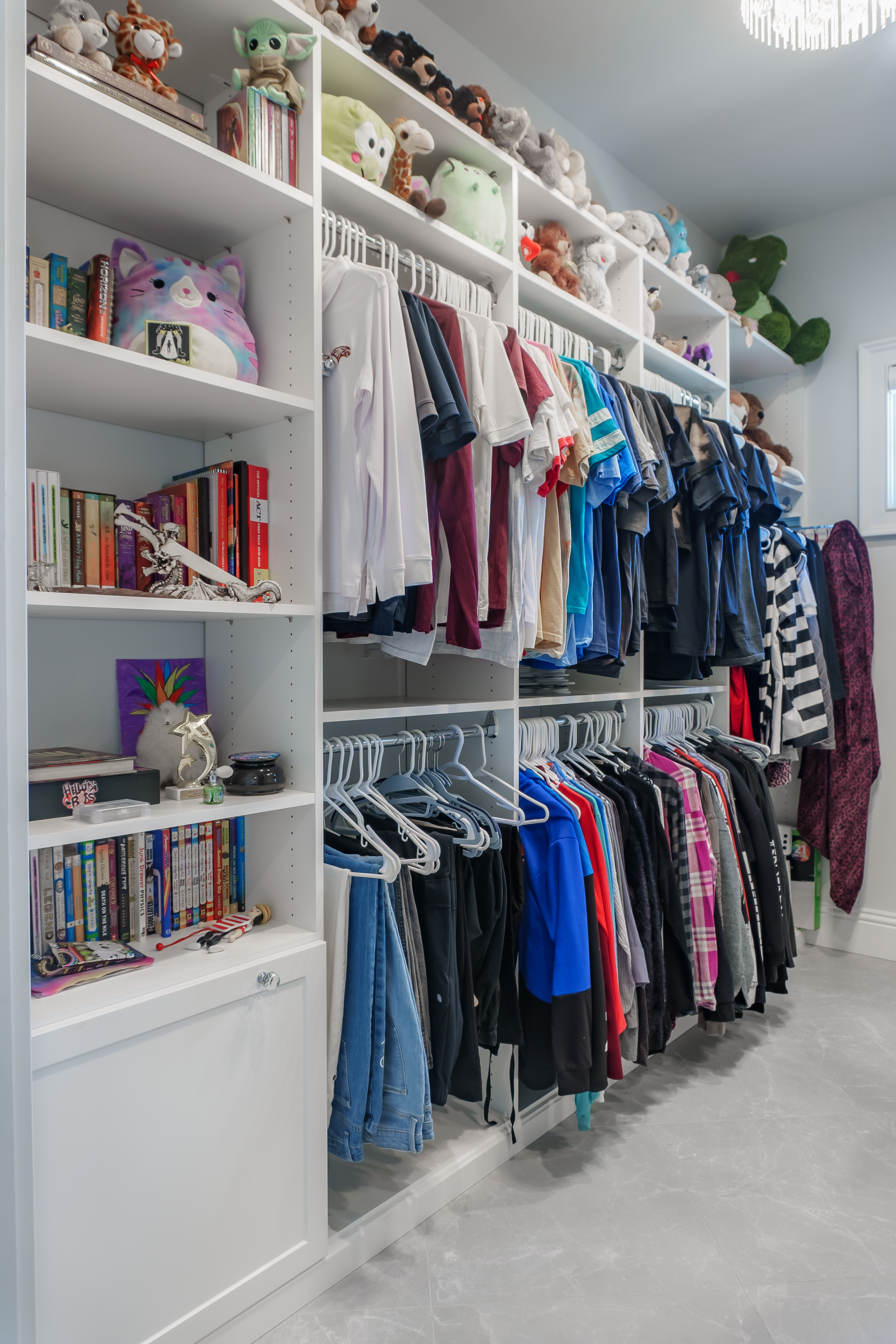 Photo of a girls closet that has hanging section and book shelf